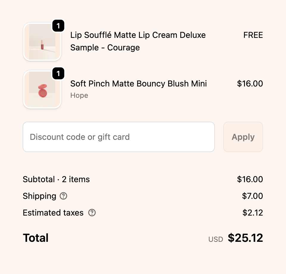 Checkout order summary showing subtotal, shipping, and total