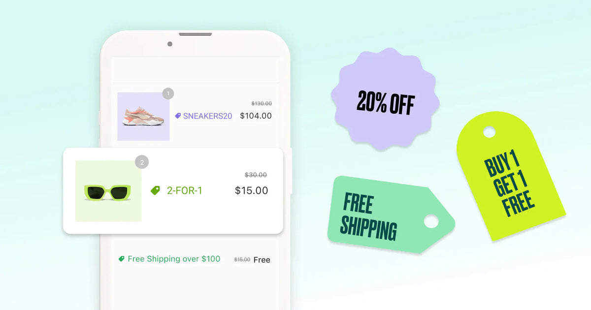 Illustration of a mobile cart stacking product, BOGO, and free-shipping discounts
