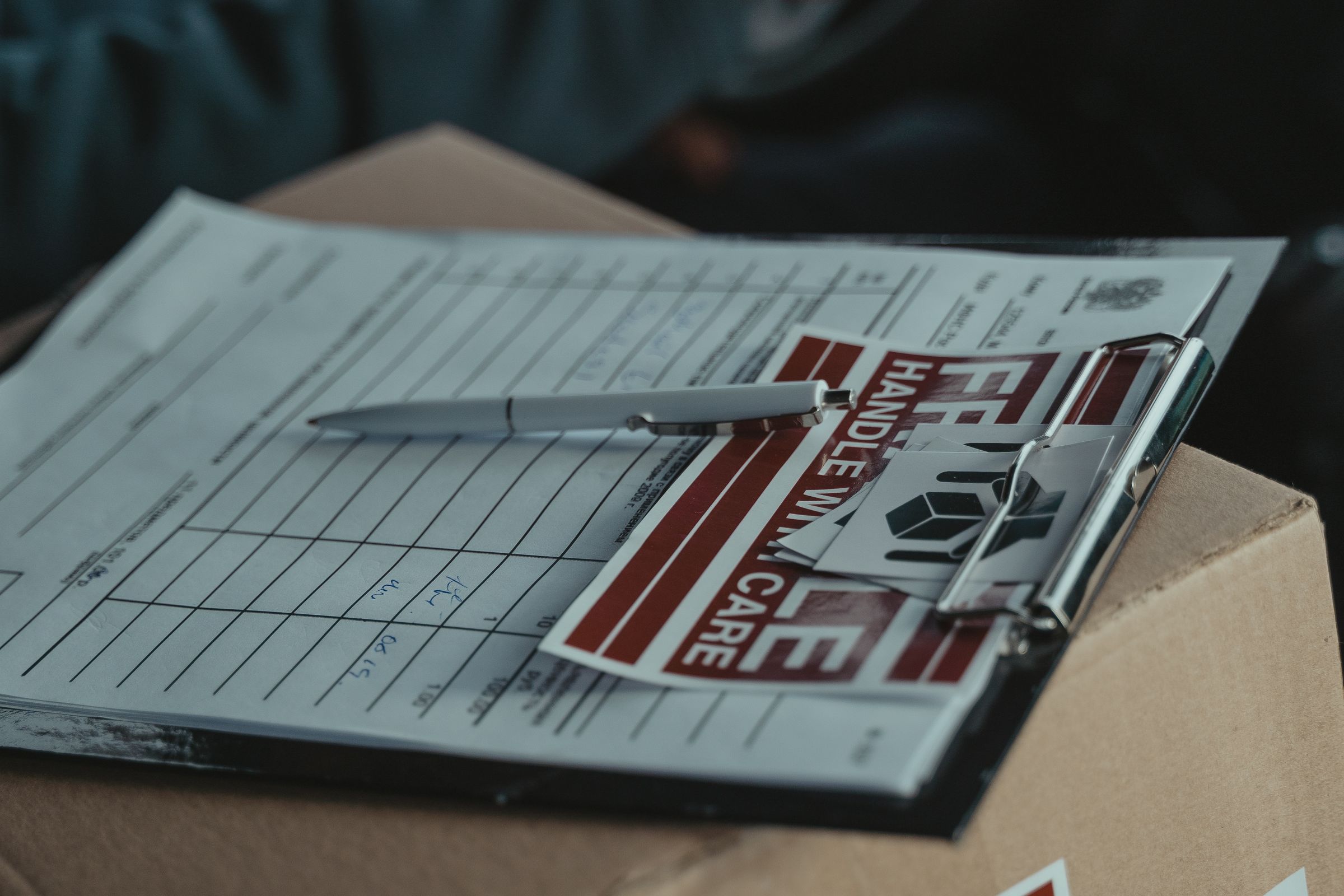 Printed form on a clipboard sitting on a cardboard shipping box